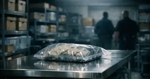 Evidence bag on metal examination table in forensic storage room with shelving units in background