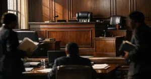 Empty federal courtroom with judge's bench and silhouetted court staff moving through dramatic window lighting