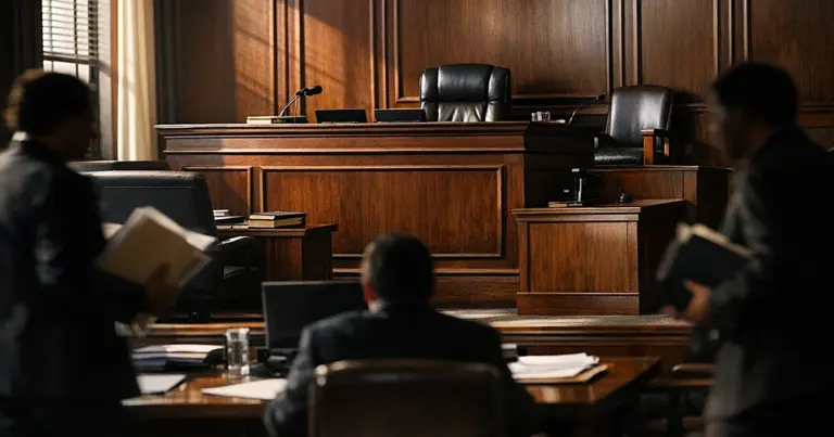 Empty federal courtroom with judge's bench and silhouetted court staff moving through dramatic window lighting