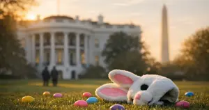 Easter bunny costume head and scattered eggs on White House lawn with Washington Monument in background
