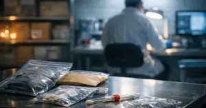 Evidence bags on steel table in forensic lab with silhouetted technician working at backlit station in background