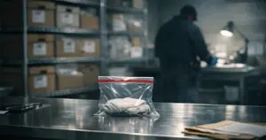Evidence examination table with sealed forensic sample in sterile law enforcement processing room