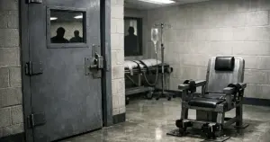 Empty prison execution chamber with metal chair and reinforced steel door under fluorescent lighting