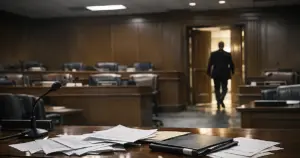 Empty congressional hearing room with scattered papers on witness table and silhouetted figure exiting through doors