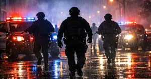 Police officers silhouetted against flashing emergency lights on wet urban street at night