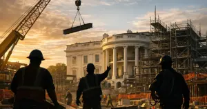 Construction workers as silhouettes at active White House building site with scaffolding and equipment at sunset