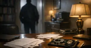 Home office desk with scattered papers and silhouetted figure in doorway, dramatic lighting