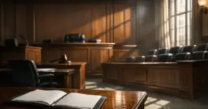 Empty federal courtroom with judge's bench and afternoon light streaming through windows