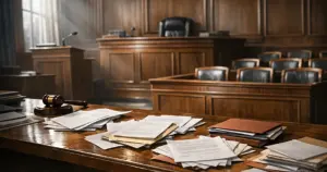Empty federal courtroom with judge's bench, scattered legal documents, and dramatic window lighting