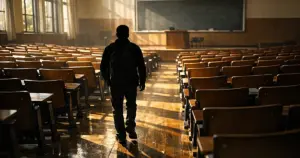 Empty university lecture hall with silhouetted student walking up aisle carrying backpack in afternoon light