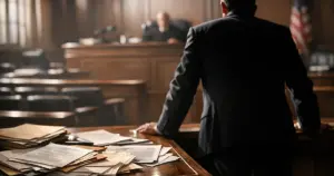 Federal courtroom interior with scattered legal documents on counsel table and silhouetted attorney figure