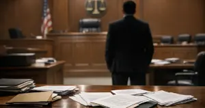 Federal courtroom interior with judge's bench, scattered legal documents, and silhouetted attorney figure