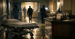 Hospital corridor with gurney and silhouetted medical staff in dim lighting with medical charts on counter