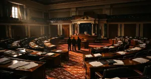 Empty Senate chamber with scattered papers on desks, dramatic window lighting casting shadows across the floor