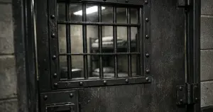 Prison cell interior with steel door, bars, and concrete walls in harsh fluorescent lighting