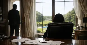 Silhouetted figures in a luxury mansion office with papers scattered on desk and windows overlooking estate grounds