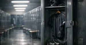 Empty football locker room with open locker containing jersey and equipment at night