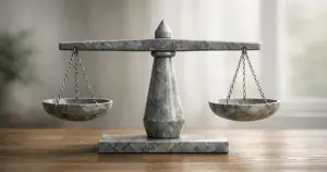 Abstract stone balance scale on wooden surface with soft natural lighting