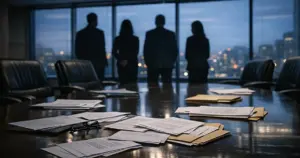 Empty corporate boardroom with scattered documents and silhouetted figures at windows overlooking city at dusk