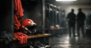 Empty college football locker room with open locker containing helmet and gear at night