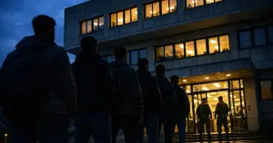 Silhouetted men queuing outside illuminated German military administrative building at dusk