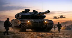 German Leopard 2 battle tank on training field at dusk with silhouetted military personnel conducting operations