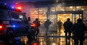 Police tactical vehicle with flashing lights outside urban supermarket at dusk with officers in silhouette