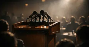 Empty podium with multiple microphones on stage with silhouetted audience in background