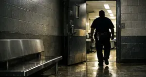 Jail corridor with open security door and silhouetted corrections officer walking toward processing area