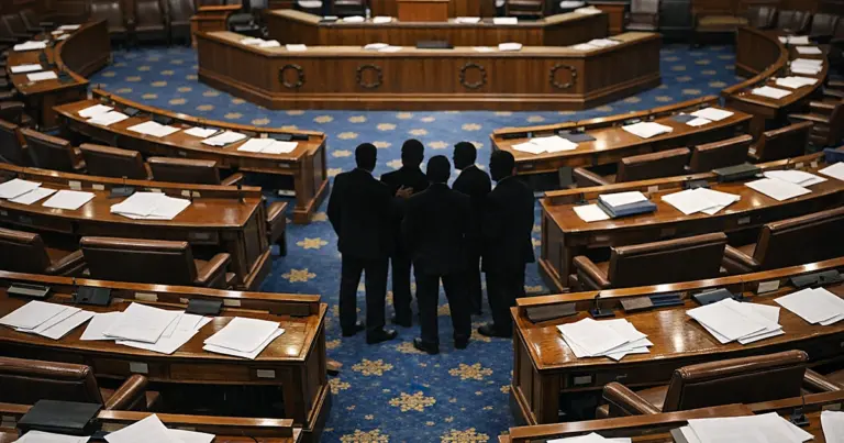 Interior of congressional chamber with silhouetted figures gathered on floor among scattered documents