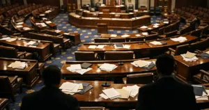 Empty legislative chamber with scattered papers on desks and silhouetted figures exiting in the background