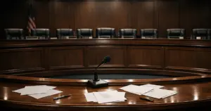 Empty congressional hearing room with witness table, scattered papers, and committee chairs awaiting proceedings