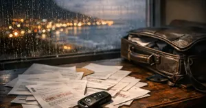 Desk with scattered legal bills and debt notices, rain-streaked window showing blurred city lights at dusk