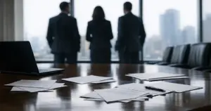 Corporate boardroom with scattered documents and silhouetted business figures near windows