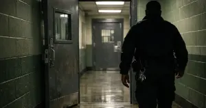 Immigration detention facility corridor with officer silhouette walking toward open steel security door
