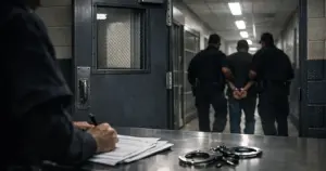 Federal law enforcement booking station with security door and processing desk during arrest operation