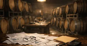 Empty wine cellar with scattered financial documents on table, overhead lighting creating dramatic shadows