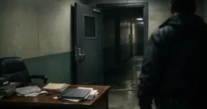 Child protective services office with open metal door and case files on desk in harsh fluorescent lighting