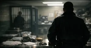 Police booking station counter with silhouetted detective processing evidence in dimly lit institutional setting