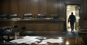 Empty congressional hearing room with scattered papers on witness table and silhouetted figure exiting in background