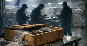 Opened shipping crate on inspection table in airport cargo facility with officials examining documents in background