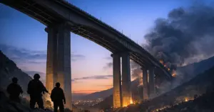 Large highway bridge spanning mountain valley at dusk with concrete support pillars against darkening sky