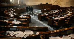 Empty legislative chamber with curved rows of desks and dramatic window lighting casting shadows across the floor