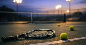 Empty tennis court at dusk with abandoned racket and balls on the surface under stadium lights