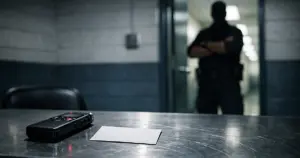 Interrogation room with recording device and Miranda card on metal table, silhouetted detective in doorway background
