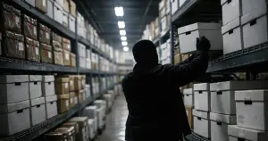 Silhouetted worker reaching toward shelves of sealed ballot boxes in large county records storage facility