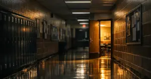 Empty elementary school hallway with classroom door ajar, fluorescent lighting reflecting on polished floor