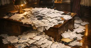 Overhead view of scattered financial documents and papers piled on congressional office desk with dramatic lighting