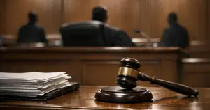 Federal courtroom bench with gavel striking sound block beside stack of legal documents in dramatic lighting