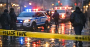 Police lights reflecting on wet sidewalk with crime scene tape in urban neighborhood at dusk